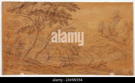 Johannes Glauber. Paysage avec figures par un ruisseau. 1660-1750. La Hollande. Craie noire sur papier vergé teinté d'orange Banque D'Images