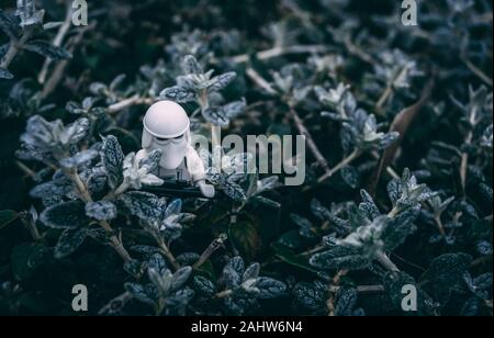 Neige Lego stormtrooper soldat caché dans les feuilles glacées Banque D'Images