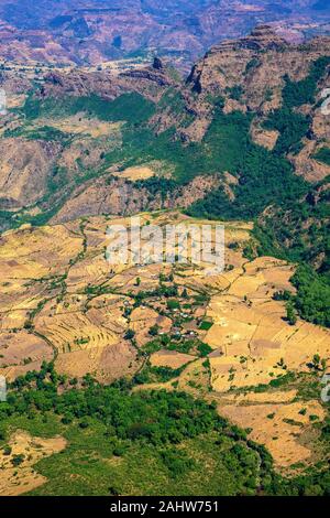 L'ÉTHIOPIE, vue depuis le bord de la montagnes Semien dans une vallée avec une Adarmas le village, entouré de champs récoltés Banque D'Images