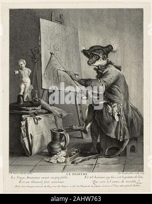 Pierre Louis de Surugue. Le Singe peintre. 1743. La France. Avec gravure gravure en noir sur papier vergé ivoire Pierre-Louis Surugue semble avoir fait cette impression après les peintures populaires par Jean-Baptiste-Siméon Chardin qui ont été exposées à l'1740 Salon (maintenant dans le Musée des Beaux-Arts, Chartres). La légende de l'impression que le singe, imitateur ou parodist exacte, est un animal très commun, et certains hommes sur cette terre peindre celui qui sert de modèle à l'autre. Banque D'Images