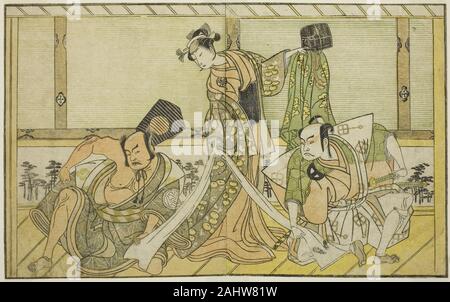 Katsukawa Shunsho. III de Kawazu Saburo comme aucun (à droite), comme la princesse II Segawa Kikunojo Tatsu (Tatsu Hime) (centre) et Nakamura Sukegoro II comme Matano no Goro (à gauche), dans le jeu Myoto-giku Izu no Kisewata Ichimura, joué au théâtre dans le onzième mois, 1770. 1767-1777. Le Japon. Gravure sur bois en couleur ; à partir de l'ouvrage illustré Yakusha Kuni no Hana (acteurs éminents du Japon) Banque D'Images