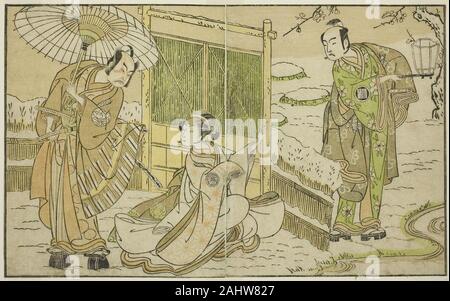 Katsukawa Shunsho. Les acteurs Arashi Sangoro II que Minamoto no Yoritomo (droite), II Segawa Kikunojo que Yuki Onna (centre), et Ichimura Uzaemon IX comme Kajiwara Kagetoki Genta pas, dans le jeu Myoto-giku Izu no Kisewata Ichimura, joué au théâtre dans le onzième mois, 1770. 1767-1777. Le Japon. Gravure sur bois en couleur ; à partir de l'ouvrage illustré Yakusha Kuni no Hana (acteurs éminents du Japon) Banque D'Images