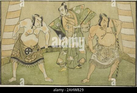 Katsukawa Shunsho. Les acteurs Nakamura Sukegoro II comme Matano no Goro (à droite), Onoe Kikugoro I comme Soga no Taro (centre), et Otani II III comme Kawazu Saburo pas (à gauche), dans le jeu Myoto-giku Izu no Kisewata Ichimura, joué au théâtre dans le onzième mois, 1770. 1767-1777. Le Japon. Gravure sur bois en couleur ; à partir de l'ouvrage illustré Yakusha Kuni no Hana (acteurs éminents du Japon) Banque D'Images