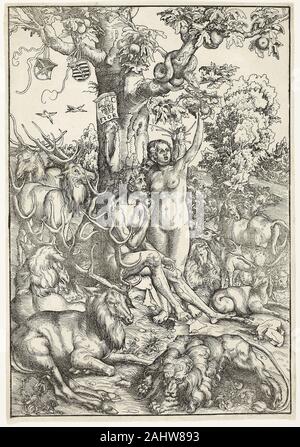 Lucas Cranach, l'Aîné. La chute de l'homme. 1509. L'Allemagne. Gravure en noir sur papier vergé ivoire dans cette scène de l'histoire biblique d'Adam et Eve, Eve est tenté par le serpent au-dessus de sa tête pour plumer fruit défendu de l'arbre de la connaissance du bien et du Mal. En consommant le fruit, Adam et Ève désobéissent à Dieu, qui punit avec peine, la douleur, la mortalité, et de l'exil de l'Eden. Lucas Cranach ici l'accent sur la responsabilité de la veille pour l'automne en représentant son comme dominant sur Adam et les animaux dans l'Eden. Eve se tient sur sa soumission mari, lui ont fourni avec des fruits tout en encerclant sa Banque D'Images