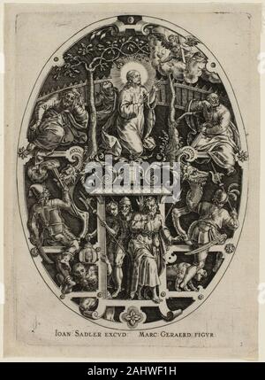 Jan Sadeler, l'Aîné. L'agonie dans le jardin, à partir de la Passion du Christ. 1570-1600. La Flandre. Gravure en noir sur papier vergé ivoire intérieur aux chandelles le réglage de la plaque précédente laisse place à une scène extérieure délimitée par une clôture à l'arrière-plan comme le Christ tient sa vigil dans le jardin de Gethsémani, dans l'attente de son sort. Judas Iscariote, l'apôtre qui va trahir le Christ aux Romains (il semble recevoir son argent du sang sous la Dernière Cène), des pieds par la porte au fond du jardin, son doigt à ses lèvres. Banque D'Images