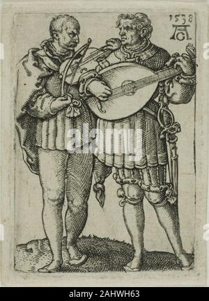 Heinrich Aldegrever. Deux musiciens à jouer du violon et du luth, une plaque du petit mariage danseurs. 1538. L'Allemagne. Gravure en noir sur papier vergé ivoire Banque D'Images