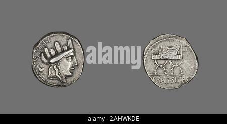 Ancienne cité romaine. Denier (pièce de monnaie) représentant la déesse Cybèle. BC 84. L'Italie. Silver Banque D'Images