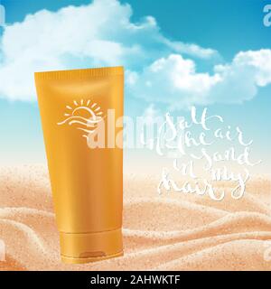 Belle plage tropicale avec la lumière du soleil, l'arrière-plan des vacances concept. Vector illustration réaliste avec du sable et de nuages. Illustration de Vecteur