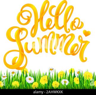 Des vacances d'concept. Hello summer lettrage dessiné à la main. Vector illustration réaliste avec l'herbe fraîche et de fleurs. Illustration de Vecteur