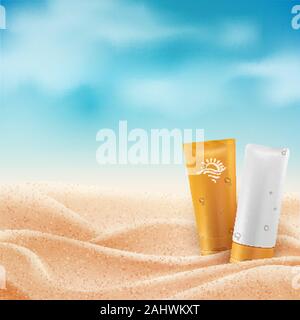 Belle plage tropicale avec la lumière du soleil, l'arrière-plan des vacances concept. Vector illustration réaliste avec du sable et de nuages. Illustration de Vecteur