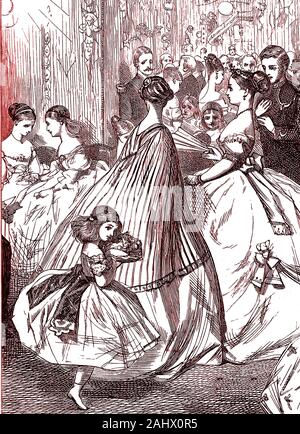 Une gravure de l'époque victorienne montrant une scène dans une salle de bal victorienne typiquement anglais après une cérémonie de mariage, avec des adultes, enfants et jeunes femmes. Banque D'Images