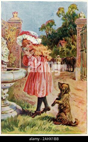 Un ex-libris couleur victorienne 1897 montrant une jeune fille buvant à une fontaine, un cheval de boire d'un creux et un chien la mendicité pour un verre avec les enfants dress costume victorien typique Banque D'Images