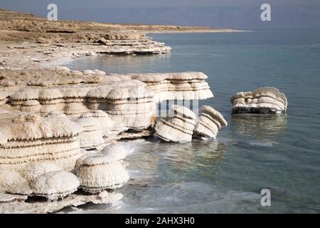 Littoral de la mer Morte avec cheminées salées. Les formations de sel se développent là où l'eau douce s'écoule dans le lac et sont exposées à mesure que les niveaux d'eau tombent, Israël Banque D'Images