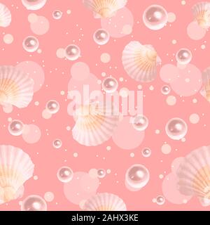 Les coquillages et perles sur un modèle transparent rose pastel avec des cercles et des bulles. Avec de l'eau fond répétitif de la vie marine Illustration de Vecteur