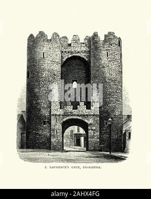 Vue de Saint Laurence Gate, Drogheda, Irlande au 17ème siècle. Une barbacane qui a été construit au 13e siècle, fait partie de l'enceinte des fortifications de la ville médiévale de Drogheda en Irlande. Banque D'Images