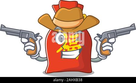 Sac d'argent chinois Faites défiler mascot effectuée comme un Cowboy avec des fusils Illustration de Vecteur