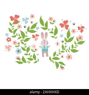 Vector Joyeuses Pâques avec des fleurs, des modèles de cadres et des couronnes de fleurs, lapin et la conception typographique. - Vector illustration Illustration de Vecteur