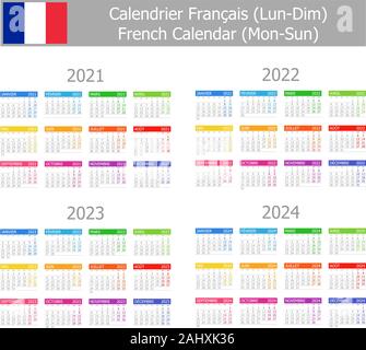 Français 2021-2024 Calendrier de type 1, du lundi au dimanche sur fond blanc Illustration de Vecteur