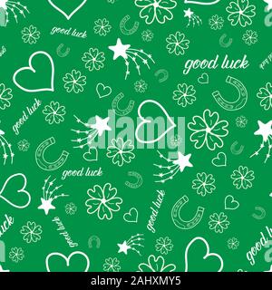 Motif de fond vecteur mignon avec des symboles dessinés à la main bonne chance et le texte . Illustration de Vecteur