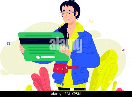 Illustration d'une fille avec une carte bancaire dans un style. Vecteur. Client de la banque avec une carte de crédit. Banque d'instruments. Fille de l'acheteur, shopa Illustration de Vecteur