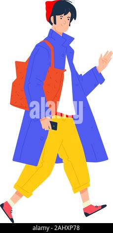 Illustration d'un jeune homme en manteau bleu et marron avec un sac. Vecteur. Hipster pantalon élégant en jaune. Un gars marche dans une tête rouge et wi Illustration de Vecteur