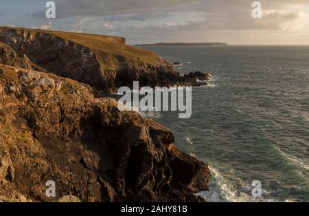 Vue sur les falaises près de Martin's Haven, et l'ensemble de l'île de Skokholm, Parc National de Pembrokeshire Coast, à l'ouest du pays de Galles. Banque D'Images