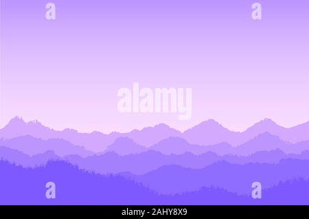 Paysage de montagne violette avec le brouillard et la forêt par différents niveaux,- vector illustration Illustration de Vecteur