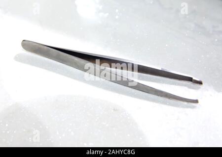 Pinces en acier isolé sur fond blanc. Brucelles métal isolé sur fond blanc.brucelles métal gris isolé sur fond blanc anatomiques. Banque D'Images