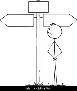 Vector cartoon stick figure dessin illustration conceptuelle de l'homme ou businessman standing on the crossroad et regarder la flèche vide panneau indiquant à droite et à gauche. Illustration de Vecteur