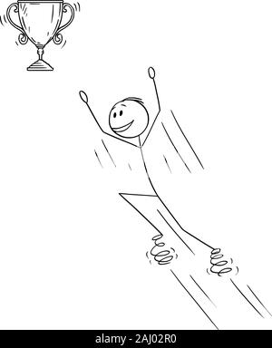 Vector cartoon stick figure dessin illustration conceptuelle de l'homme ou businessman jumping sur des ressorts pour la victoire de la coupe du gagnant du trophée. Illustration de Vecteur