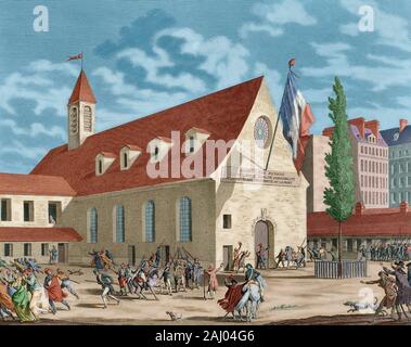 Révolution française, 1787-1799. Fermeture de l'ancien couvent des Jacobins (club des Jacobins) dans la rue Saint-Honoré, Paris, France, au cours de la nuit du 27 au 28 juillet, 1794). Dessin de Jean Duplessi-Bertaux. Gravure de S. Gysin, c.1815. Plus tard la couleur. Banque D'Images