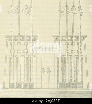 L'Egypte et l'Sûdân. Manuel pour les voyageurs . 62, 267 ; voir le plan spécial de la grande templeof ivarnak à Amon, p. 265). L'approche pour le temple est formedby le pylône, deux grandes tours flanquant l'entrée de maçonnerie-porte.Ces tours sont en forme de pyramides tronquées très raide ; theslightly murs inclinés, encadrées de moulures, thegreatest offre toute l'espace disponible pour des reliefs. Les tours ont été l'imposition d'fromheir taille même, et cette impression était renforcée (du 1* clxiv VII. Histoire de l'art égyptien. Empire du milieu) par les obélisques et statues colossales placedin avant de t Banque D'Images