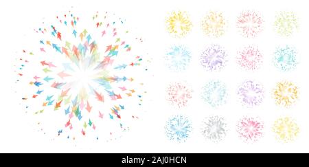 Collection de résumé d'artifice, les flèches dans différentes directions, symbole surprise avec le vol de confettis. D'artifice festif, cartoon style vector Illustration de Vecteur
