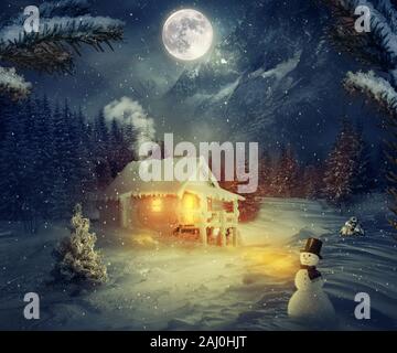 Scène de Noël, d'hiver illustration art raster. Image d'une maison de pays, dans un refuge de nuit enneigée ou en soirée. Paysage d'hiver forêt de pins sapin, sn Banque D'Images