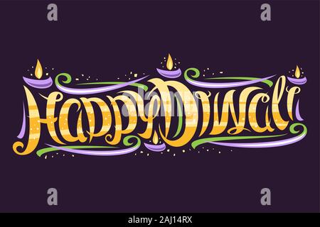 Carte de souhaits pour vecteur Diwali Festival indien, curly font calligraphique avec brûler des lampes à huile et des éléments décoratifs, des bannières avec swirly laissez branché Illustration de Vecteur