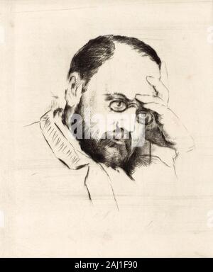 Emile Zola. Nom complet Émile Édouard Charles Antoine Zola, 1840 -1902. Écrivain français, romancier, dramaturge et journaliste. Après un tirage par l'artiste français Gilbert Marcellin Desboutin. Banque D'Images