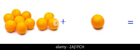 Calcul de sommes graphiquement avec des oranges, des sommes d'oranges ; calcul mathématique très abstrait, pas vrai, ajouter les oranges, calculer le résultat de Banque D'Images