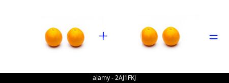 Calcul de sommes graphiquement avec des oranges, des sommes d'oranges ; calcul mathématique très abstrait, pas vrai, ajouter les oranges, calculer le résultat de Banque D'Images