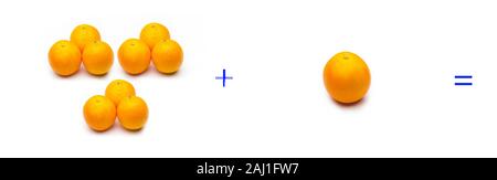 Calcul de sommes graphiquement avec des oranges, des sommes d'oranges ; calcul mathématique très abstrait, pas vrai, ajouter les oranges, calculer le résultat de Banque D'Images