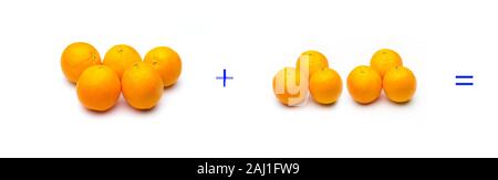 Calcul de sommes graphiquement avec des oranges, des sommes d'oranges ; calcul mathématique très abstrait, pas vrai, ajouter les oranges, calculer le résultat de Banque D'Images