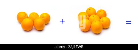 Calcul de sommes graphiquement avec des oranges, des sommes d'oranges ; calcul mathématique très abstrait, pas vrai, ajouter les oranges, calculer le résultat de Banque D'Images