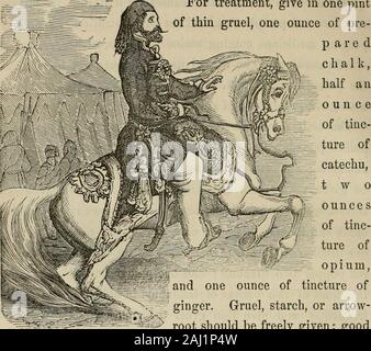 Le cheval et d'autres live stock . à la fois : d'preparedchalk et teinture de Gingembre en poudre ; une once chaque drachm ppiumone ; teinture de cachou teinture ; une demi-once de poivre deux ofred drachms ; et une pinte d'eau. Upinjections jeter de deux onces de laudanum dans une demi-pinte d'eau,fréquemment, et donner à boire gruel mince. Pas de sang doiventêtre prises en toutes circonstances. DIAREHCEA. Cette maladie surviennent souvent en l'absence d'inflammatoryaction sur la surface des muqueuses de l'intestin ; et hencethe distinction ne peut être faite par l'observateur ordinaire entre elle et la dysenterie, si pu Banque D'Images
