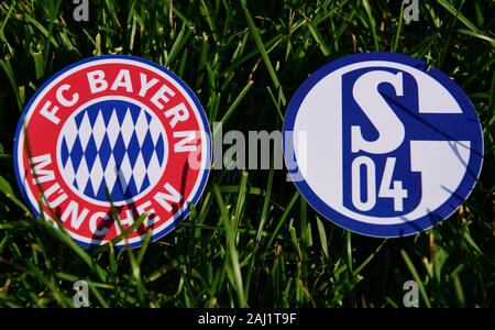 Septembre 6, 2019, Munich, Allemagne. Emblèmes de clubs de football allemand le Bayern Munich et Schalke 04 Gelsenkirchen sur la pelouse verte Banque D'Images