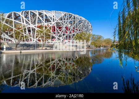 Vue sur le Stade national (Nid d'oiseau), l'Olympic Green, Dongcheng, Beijing, République populaire de Chine, l'Asie Banque D'Images