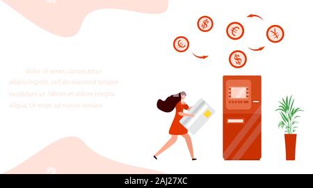 Vector illustration Femme avec carte bancaire près de ATM. Retrait d'argent liquide, service de change au guichet automatique. Transactions financières à l'aide d'un guichet automatique. E Illustration de Vecteur