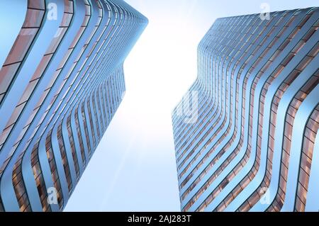 Deux gratte-ciel identiques en vue de dessous teinte bleue. Le rendu 3D Banque D'Images