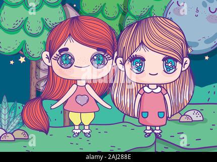 Les enfants, de petites filles cute cartoon anime dans la nuit park vector illustration Illustration de Vecteur