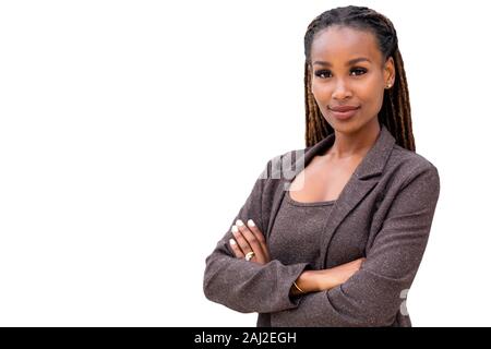 African American female chef de compagnie chef patron permanent exécutif confiant avec ambition et fierté sur fond blanc Banque D'Images