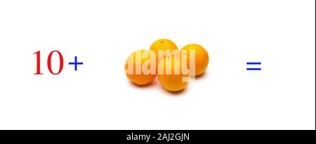 Des problèmes simples de sommes avec des oranges, des problèmes de mathématiques pour les enfants qui étudient et veulent apprendre les mathématiques et calcul infinitésimal ; apprendre à ajouter aux fruits Banque D'Images