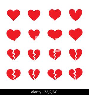 Ensemble de symboles rouges entiers et en forme de cœur brisé. Collection de différentes icônes de coeur de vecteur romantique pour le site Web, autocollant, logo d'amour et Valentines Illustration de Vecteur